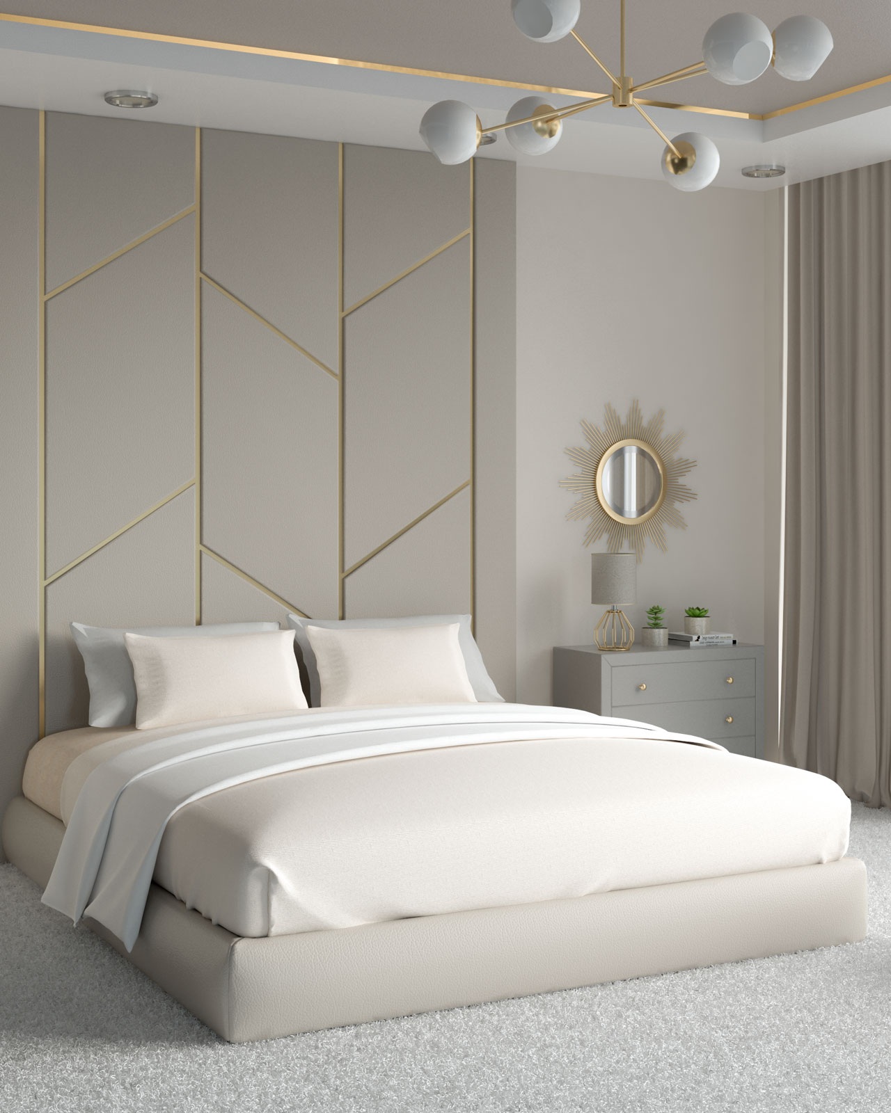 ترکیب رنگ کرم و طوسی در دکوراسیون اتاق خواب