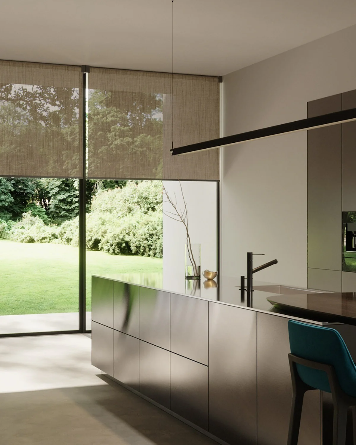 مینیمالیسم شیک در آشپزخانه با پرده شید سولار نازک